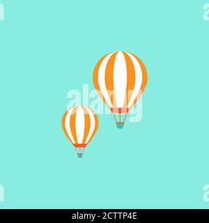 Orange Heißluftballons fliegen in den blauen Himmel. Flaches Cartoon-Design. Vektorhintergrund. Fantasie, Kreativität, Innovation, Bildung Symbol. Stock Vektor