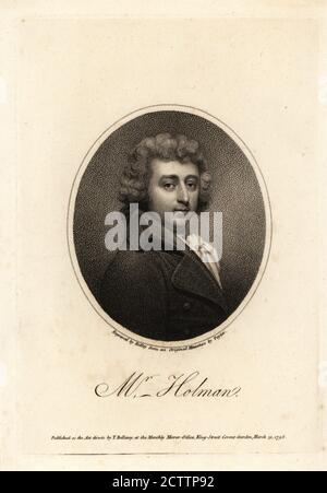 Oval Porträt von Joseph George Holman (1764–1817), englischer Schauspieler, Dramatiker und Schauspieler-Manager.. Kupferstich von William Ridley nach einer Miniatur von Taylor (Charles Foot Tayler) aus dem Monthly Mirror, herausgegeben von T. Bellamy, King Street, Covent Garden, London, 1798. Stockfoto