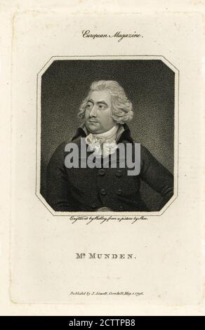 Mr. Joseph Munde (1758-1832), englischer Comicschauspieler, der in Covent Garden und Drury Lane auftrat. In Perücke, Hochkragenmantel mit Krabbenfittel. Portrait Kupferstich von William Ridley nach einem Gemälde von Sir Martin Archer Shee, veröffentlicht im European Magazine, J. Sewell, Cornhill, London, 1796. Stockfoto