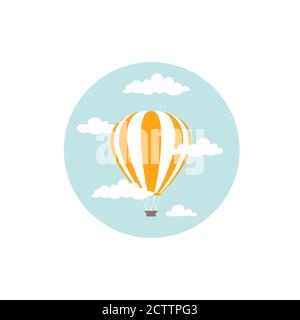 Orange Heißluftballon fliegen in den türkisfarbenen Himmel mit Wolken. Flache cartoon Design. Vector Hintergrund. Stock Vektor