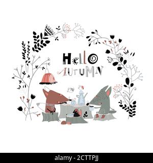 Niedlicher Fuchs mit Wolf trinkt Tee im Herbstwald Stock Vektor