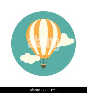 Orange Heißluftballon fliegen in den türkisfarbenen Himmel mit Wolken. Flache cartoon Design. Vector Hintergrund. Stock Vektor