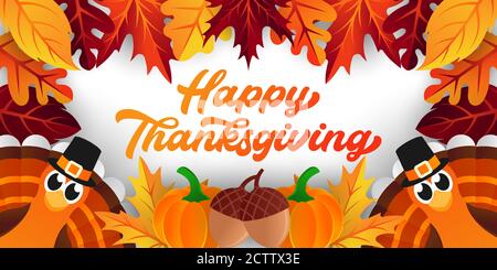Happy Thanksgiving Tag Hintergrund Vektor mit dekorativen Blättern, Kürbisse, und Eicheln. Happy Thanksgiving Urlaub Vektor Hintergrund Design Vorlage fo Stock Vektor