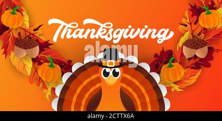 Happy Thanksgiving Tag Hintergrund Vektor mit dekorativen Blättern, Kürbisse, und Eicheln. Happy Thanksgiving Urlaub Vektor Hintergrund Design Vorlage fo Stock Vektor