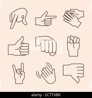 gebärdensprache Handbewegung zeigt verschiedene Buchstaben Alphabet Linie Symbole vektorgrafik Stock Vektor
