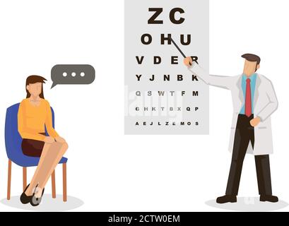 Männliche Augenheilkunde Arzt in Uniform zeigt auf ein Auge-Test-Chart mit einer jungen Frau. Medizin, Optiker oder Gesundheitskonzept. Flacher Vektorstil Stock Vektor