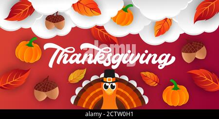 Happy Thanksgiving Tag Hintergrund Vektor mit dekorativen Blättern, Kürbisse, und Eicheln. Happy Thanksgiving Urlaub Vektor Hintergrund Design Vorlage fo Stock Vektor