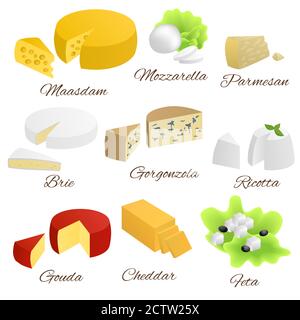 Käse isolierte Lebensmittel-Set verschiedene Arten Illustration Vektor Stock Vektor