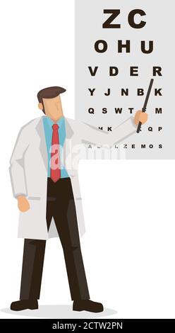 Männliche Augenheilkunde Arzt in Uniform zeigt auf ein Auge-Test-Chart. Medizin, Optiker oder Gesundheitskonzept. Vektor flach Stil Cartoon illustratio Stock Vektor