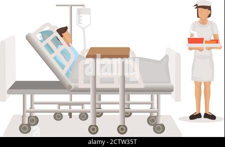 Lebensmittel, die einem Patienten im Krankenhausbett von einer Krankenschwester geliefert werden. Flache Cartoon Charakter Vektor Illustration isoliert. Stock Vektor