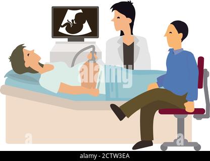 Der Arzt führt zusammen mit ihrem Mann im Krankenhaus eine Ultraschalluntersuchung bei einer schwangeren Frau durch. Schwinger auf dem Bauch der jungen Mutter. Vektorgrafik Stock Vektor