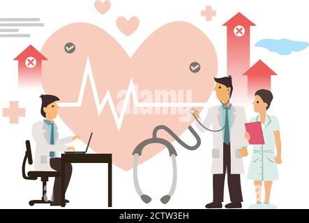 Ärzte studieren für eine Herzmedikamentenlösung. Kardiologie Health Care Konzept. Flache Cartoon Charakter Vektor Illustration. Stock Vektor
