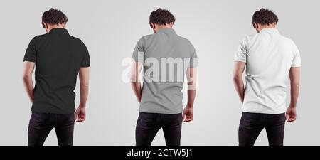 Herren T-Shirt Mockup auf einem Mann, Rückansicht, blank weiß, grau, schwarz Polo, für Design und Musterpräsentation. Stilvolle Bekleidungsvorlage für Werbung Stockfoto