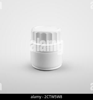 Schablone einer weißen kleinen Flasche mit Schraubverschluss, für Nahrungsergänzungsmittel, Pillen, für die Werbung in einer Apotheke, Medizin. JAR-Mockup auf Hintergrund isoliert Stockfoto