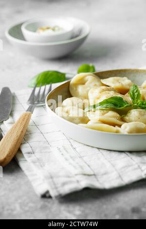 Die Fleischknödel - die russischen Pelmeni, die Ravioli mit dem Fleisch auf dem weißen Teller. Food-Fotografie Stockfoto