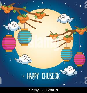 Happy chuseok Feier mit Laternen hängen in Orangen Baum Vektor Illustrationsdesign Stock Vektor