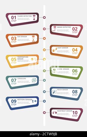Infografik Sensorvorlage. Symbole in verschiedenen Farben. Einschließlich Wasserqualitätssensor, Flammenmelder, Rauchmelder, Alkoholsensor und andere. Stock Vektor