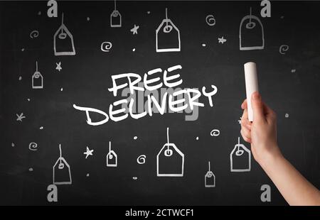 Handzeichnung KOSTENLOSE LIEFERUNG Inschrift mit weißer Kreide auf Tafel, Online Shopping Konzept Stockfoto