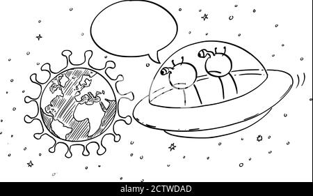 Vektor Cartoon Stick Figur Zeichnung konzeptionelle Illustration von zwei lustigen Aliens in UFO oder fliegende Untertasse beobachten Planeten Erde aus dem Weltraum. Zur Coronavirus-Pandemie covid-191. Comic-Streifen. Stock Vektor