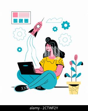 Frau Charakter Start Startup-Business-Projekt Online-Vektor-Illustration. Stock Vektor