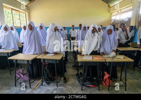 PEMBA ISLAND, SANSIBAR, TANSANIA - JANUAR 2020: Schulmädchen und Schuljungen im normalen Klassenraum Stockfoto