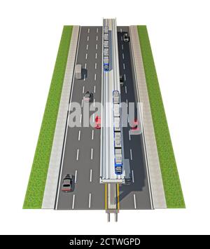 Stück Straße mit überirdischen U-Bahn isoliert auf weiß. 3d-Rendering Stockfoto