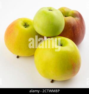 Vier grüne und rote Äpfel auf weißem Hintergrund Stockfoto