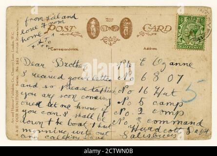 Rückseite von Postkarte aus der Zeit WW1, grüner King George V 1/2 d (halbe Pence / Penny) Stempel, posted 11 Feb 1918, to a Soldier at Hurdcott Camp, Salisbury, prob. Rekonvalescing in no 5 Lager. UK Stockfoto