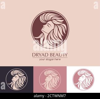 Dryade. Weibliches Gesicht Logo im Profil mit Blatthaar. Emblem für einen Beauty- oder Yoga-Salon. Stil der Harmonie und Schönheit. Stock Vektor