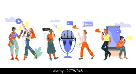 Set Blogger mit Mikrofon und andere Geräte für die Übertragung, Vektor. Stock Vektor