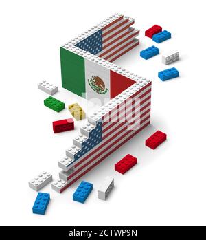 Gebäude Spielzeugblöcke Wand im Bau zwischen zwei Nationen 3D Stockfoto