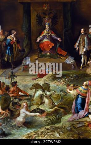 Allegorie der Abdankung von Kaiser Karl V. Heiliges Römisches Reich 1630 Frans Francken II 1581-1642 Belgier, Belgien, Flämisch, ( Karl V. thront im Zentrum. Schlacht müde und von der Krankheit zerrüttet, im Jahr 1555 teilte er sein Reich. ) Stockfoto