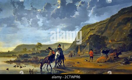 Eine Flusslandschaft mit Fahrern 1655 Aelbert Cuyp Niederländisch die Niederlande Stockfoto