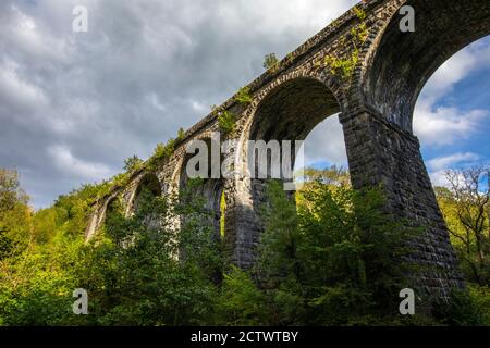 Ein Blick auf das historische Pontsarn Viadukt, das sich über den TAF Fechan Fluss in Südwales, Großbritannien erstreckt. Stockfoto