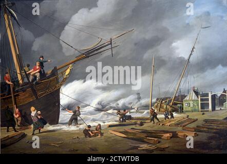 Schiffe bei stürmischem Wetter im Außenhafen in Harlingen 1811 Nicolaas Baur (1767-1820), Friesland, die, Niederlande, Niederländisch, Stockfoto