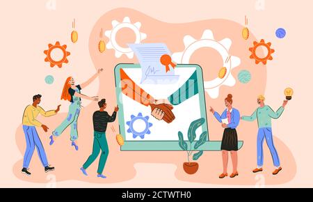 Smart Contract Signing Banner mit Zeichen von Geschäftsleuten, Vektor. Stock Vektor