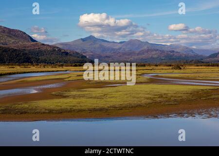 Der atemberaubende Blick auf den Snowdonia National Park vom Traeth Glaslyn Nature Reserve in North Wales, Großbritannien. Stockfoto