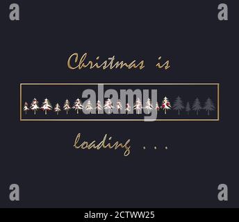 Weihnachtslader Design. Goldtannen auf dunkelblauem Hintergrund. Gold Text Weihnachten wird geladen. 3D-Rendering Stockfoto