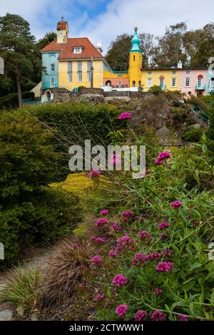 Ein Blick auf wunderschöne Wildblumen mit dem Chantry und Onion Dome im Hintergrund, im Dorf Portmeirion in Nordwales, Großbritannien. Stockfoto