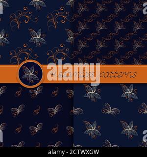 Vektor-Set von nahtlosen Mustern mit floralen Elementen. Sammlung von Mustern in blau und orange Farben. Stock Vektor