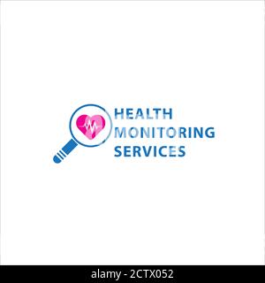 Design-Vorlage für Integritätsüberwachungsdienste, isoliert auf weißem Hintergrund. Lupe und Herzform mit Pulsvektor-Illustration. Blau Stock Vektor