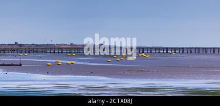 Low Tide am Shoebury East Beach an einem grauen September Morgen mit vielen Gelben Bojen Stockfoto