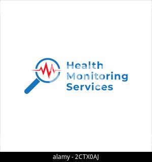 Health Monitoring Services Logo Design-Vorlage isoliert auf weißem Hintergrund. Blaues Vergrößerungsglas und rote Impulsvektordarstellung. 2/12 Stock Vektor