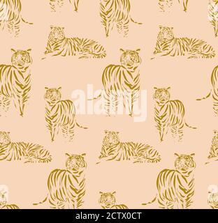 Tiger Umriss Muster, handgezeichnete Doodle Tier-Druck. Wiederholungs Textur. Vektor. Stock Vektor