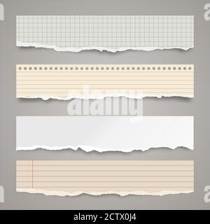 Gerissene farbige Papierstreifen. Realistische zerknitterte Papierfetzen mit abgerissenen Kanten. Linierte Fetzen von Notizbuchseiten. Vektorgrafik. Stock Vektor