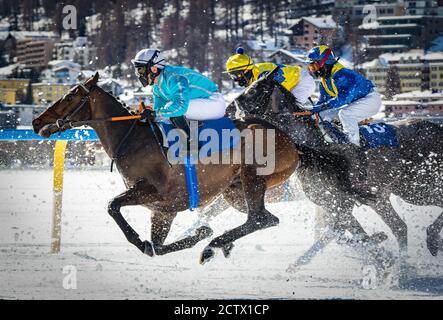 Engadina (CH) - Pferderennen auf dem Schnee White Turf Stockfoto