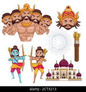 Happy dussehra Festival Poster mit Set Icons Vektor Illustration Design Stock Vektor