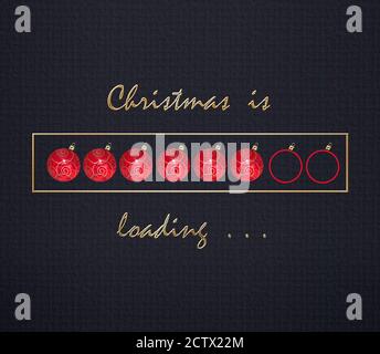 Laden von Weihnachten oder 2021 Neujahr-Design. Fortschrittsanzeige aus rot goldenen Weihnachtskugeln Kugeln auf dunkelblauem Hintergrund. Text Weihnachten wird geladen. 3D-Rendering Stockfoto