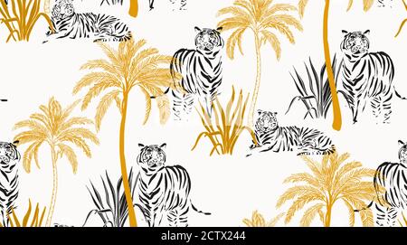 Safari-Hintergrund. Dschungel Wildtiere Muster mit Tigern, Palmen, floralen Savanne Design. Exotische Pflanzen Illustration, skizzieren Dekor in Vektor. Stock Vektor