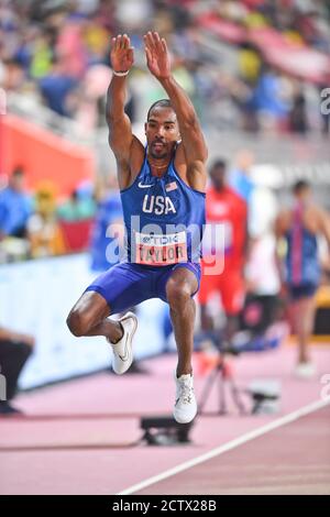 Christian Taylor (USA). Triple Jump Vorrunde. IAAF Leichtathletik-Weltmeisterschaften, Doha 2019 Stockfoto